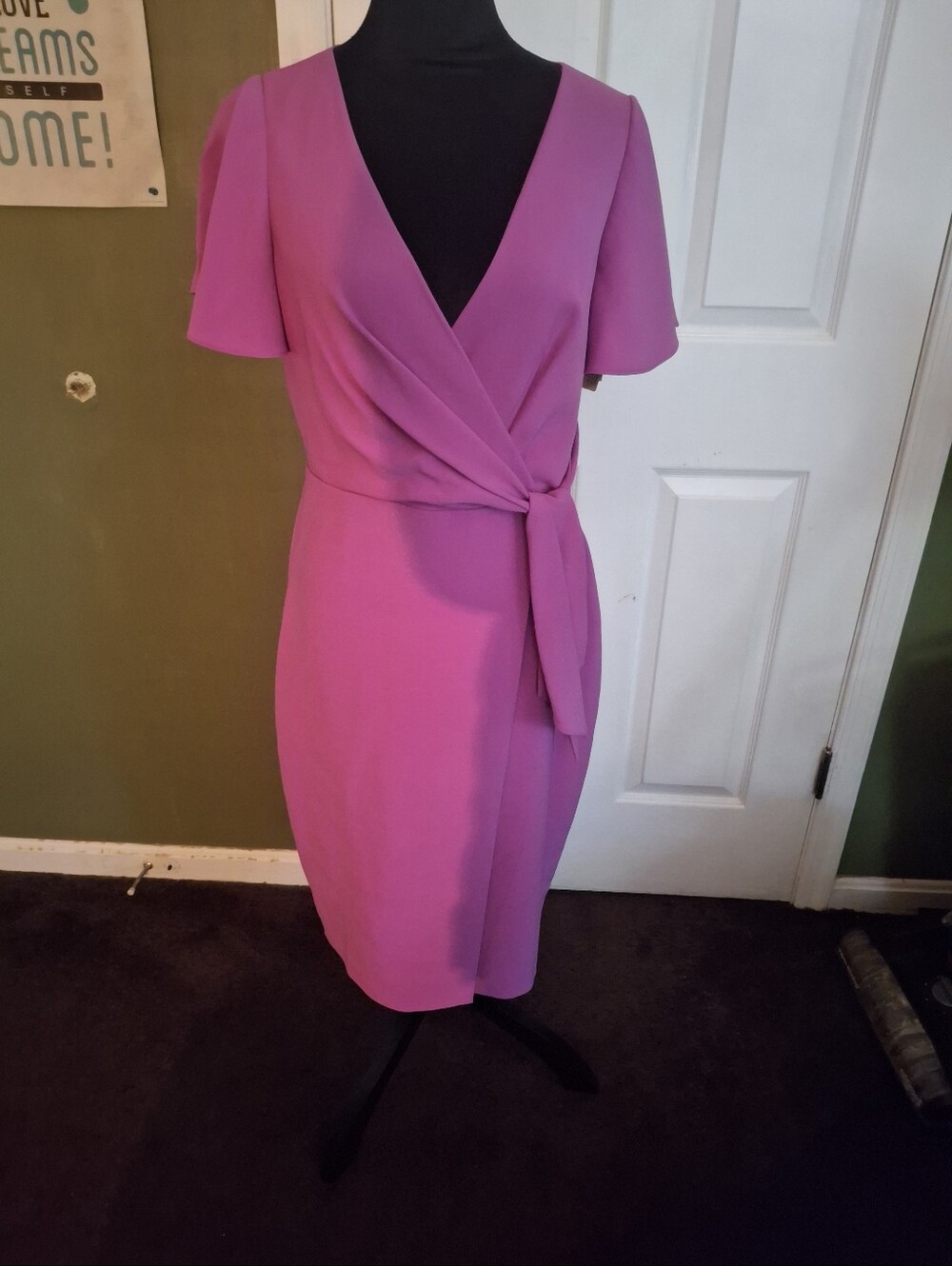 Elie Tahari Fitted Wrap Midi Dress in Bright Magenta